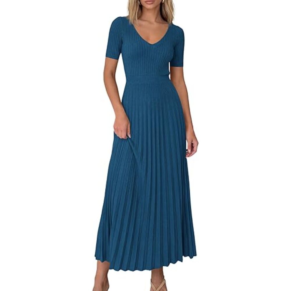 Women's Dark Blue Viscose V Neck Short Sleeve A Line Summer Casual Midi Dress